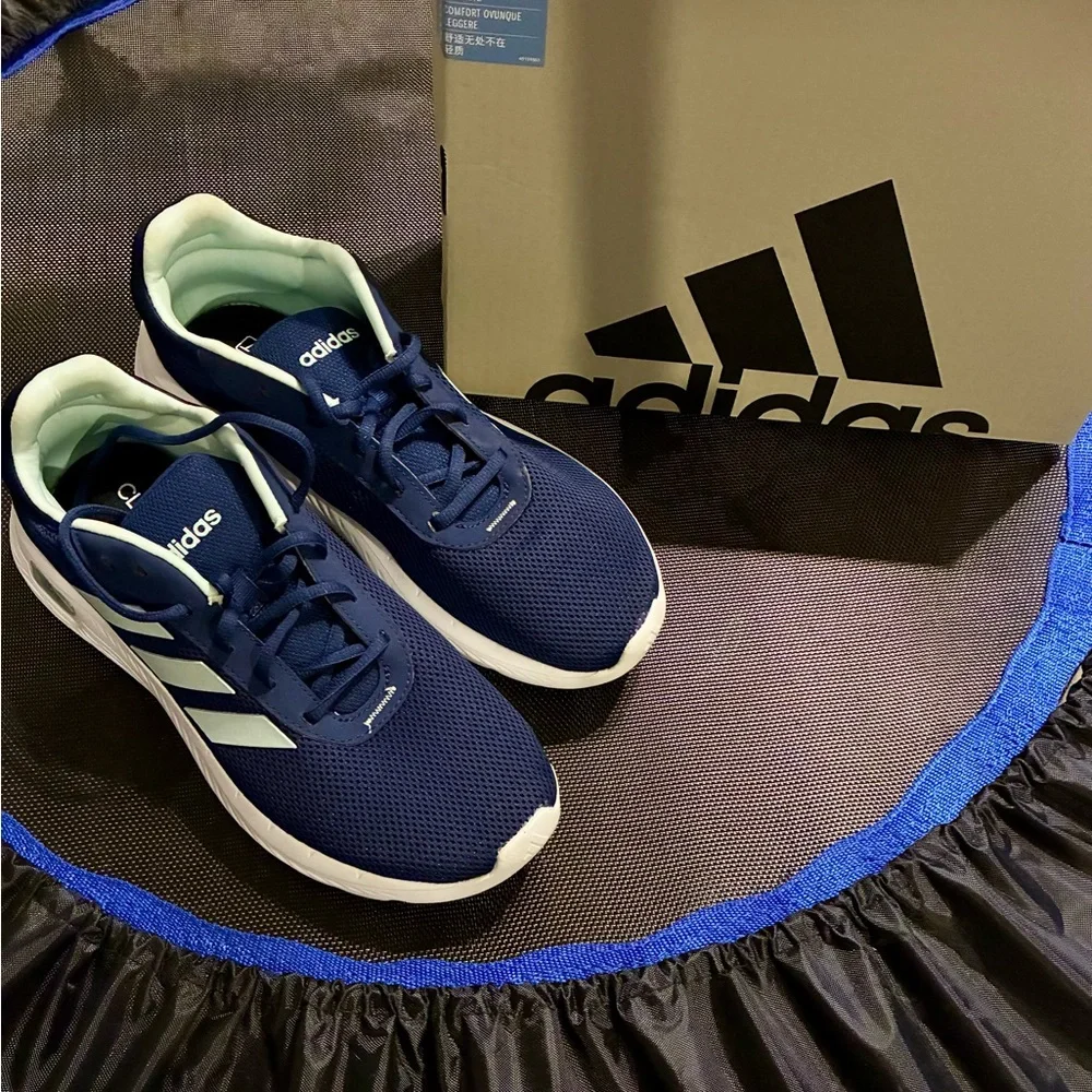 Adidas Ladies Cloud Foam Comfy Blue and White Sneakers with Breathable Mesh - Picture 10 of 10